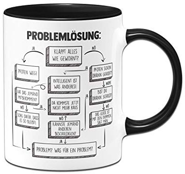Tassenbrennerei Tasse mit Spruch Problemlösung auf der Arbeit im Büro - Kaffeetasse lustig - Geschenk für Arbeitskollegen - Spülmaschinenfest (Schwarz)