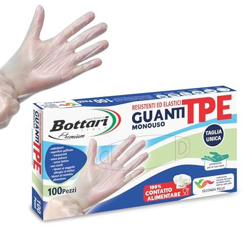 Bottari Guanti Monouso in TPE Senza Polvere, 100 Pezzi, Resistenti per Pulizia, Alimenti, Giardinaggio, Bricolage e Casa