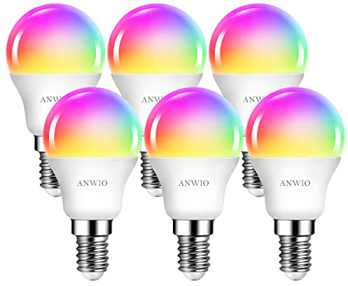 ANWIO Lampadina Alexa, Lampadina Smartx, 5W Equivalenti a 40W, 470Lm, G45,Lampada Smart Wifi E14 con Telecomando Compatibile con Alexa, Echo and Google Assistant, RGB Intelligente Dimmerabile,6 Pcs