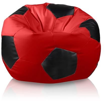 Bepouf - Poltrona a Sacco Pallone Calcio in Ecopelle con Imbottitura in Palline di Polistirolo, Poltrona a Sacco adatta per Camera e Salotto - Dimensione Grande 90x55, Colore Rosso e Nero