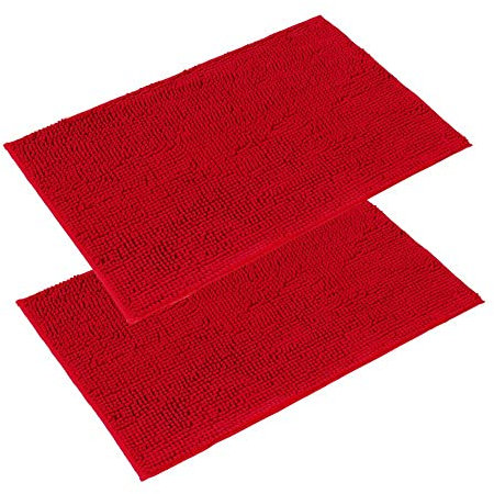 PANA® Badeteppich-Set 'Paris' (2er Pack / 50 x 80 cm) • Flauschige Duschvorleger für Badezimmer und WC • Chenille Badematten • Waschbare und rutschfeste Badvorleger • Farbe: Rot