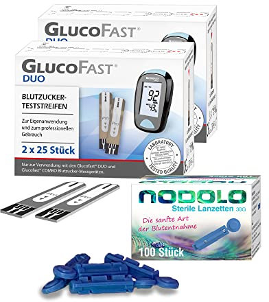 GLUCOFAST Duo 100x Blutzucker-Teststreifen + 100x Nodolo Lanzetten | Präzise Diabeteskontrolle | Verwendung mit Glucofast Duo Blutzucker-Messsystem