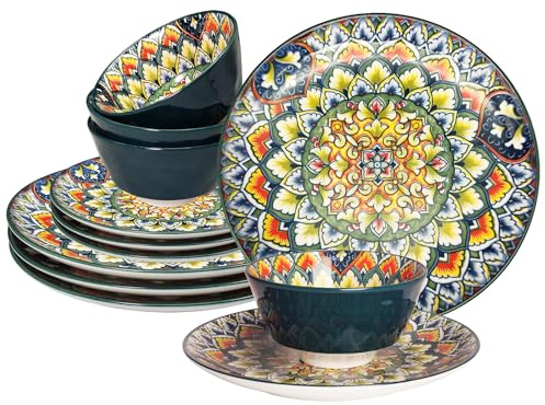 YA JU Mandala Dinnerware Sets (12 Pcs) Serves 4, Buffet Dinnerware, Boho Plates and Bowls Dish Set with 8 Deep Plate 10 dinner Plate 4.8 bowl, apply Casual dining Indoor Outdoor Dining Party