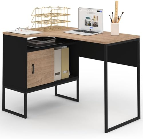 IDMarket – Escritorio de esquina Rob negro y forma de haya nicho de almacenamiento y puerta de diseño industrial