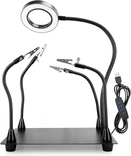 Helping Hands Soldering, PCB Holder Soldering Station Third Hand Tool with 5X Magnifying Glass with Light, 4 Arms Helping Hands Non-Slip Steel Weighted Base for Welding