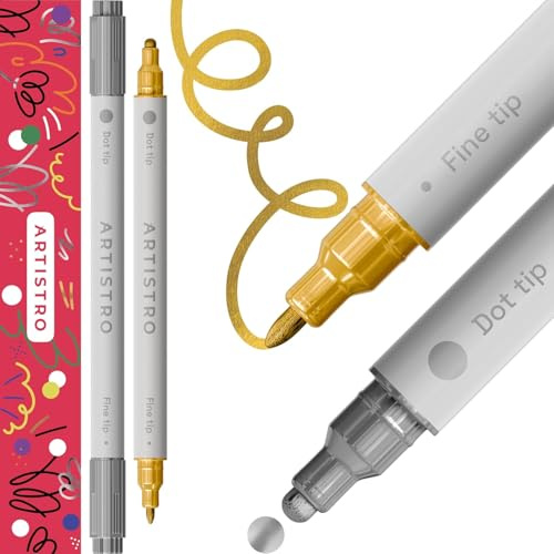 ARTISTRO 2 Silver&Gold Acrylic Paint Pens, Dual Tip, Acrylic Marker Pens for Fabric, Canvas, Rock, Glass, Wood, Paper, DIY, Kids and Adults (Fine 1mm + Dot 5mm)