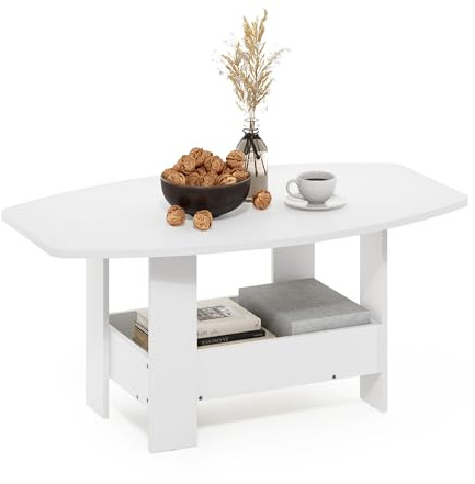 Furinno SIMPLE DESIGN Coffee Table, 2-Tier Modern Coffee Table with Lower Shelf, Round Corner Side Table, for Living Room, Bedroom, Home Office, White