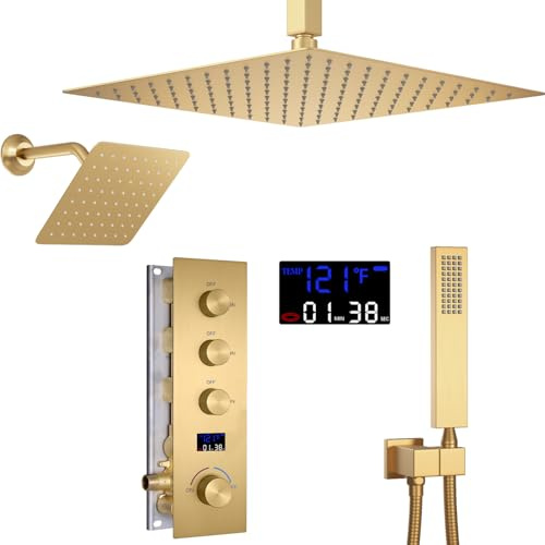 AYIVG Thermostatic Shower System Brushed Gold Temperature Shower System Ceiling Mounted 3 Function Luxury 12 inch and 8 inch Dual Shower Head with Handheld Spray Rough-in Valve and Trim Included