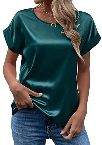 Generic Satin Bluse Damen Elegant - T Shirt Damen Kurzarm Seidenbluse Seidentop Rundhals Sommer Oberteile Casual Arbeitshemd Lose Bequeme Blusenshirt T-Shirt