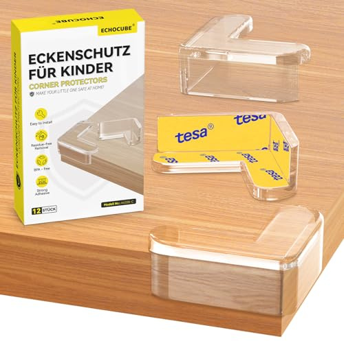 ECHOCUBE Paraspigoli per bambini, 12 PCS Protezioni trasparenti per bordo tavolo con nastro forte TESA, para angolo di sicurezza a prova di bambino per spigoli appuntiti dei mobili - Forma a L