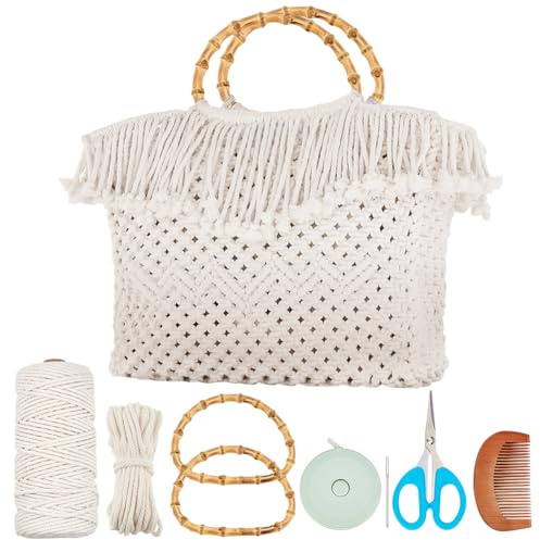 WEBEEDY White Makramee Handtaschen Bastelset für Erwachsene DIY Makrame Tasche Kit mit 142 Yards 3mm Makrame Schnur (2 Farben) und Video Tutorials Handgemachte Geldbörse Making Kit