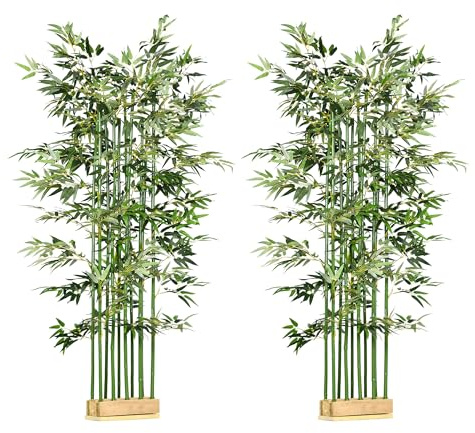 HOMCOM Pack de 2 Bambú Artificiales 180 cm Plantas Artificiales con 1640 Hojas Maceta de Madera de Pino Decoración para Interior Hogar 35x10x180 cm Verde