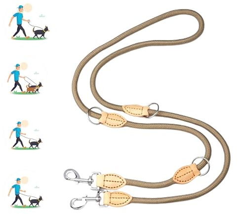 1 cm x 2,1 m Guinzaglio Doppio Regolabile Guinzaglio in nylon multifunzionale in Nylon Guinzaglio per cani a 360° con 2 Moschettoni per Cani di taglia grande e media - Beige
