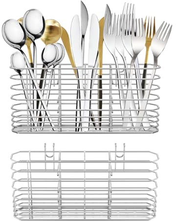 Alongen 2Pcs Kitchen Utensils Holder, with 3 Compartments Stainless Steel Cutlery Hanging Basket Large Kitchen Utensil Organizer Flatware Caddy for Organize Drawers and Countertops for All Kitchens