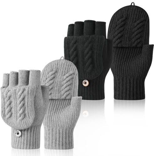 ViEinkaufen 2 Pairs Fingerless Gloves for Girls Boys, Thermal Winter Gloves Touchscreen Compatible, Convertible Flip Mittens Half Finger for Cycling Running