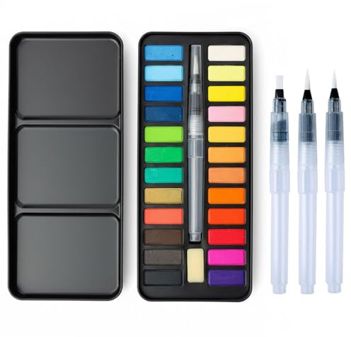 Hyleon Watercolour Paint Set 24 Colours, Portable Watercolour Paints Box with 3 × 155mm Water Brush Pens, Water Colours Paint Set for Adults & Beginners, for Artists & Painting Lovers