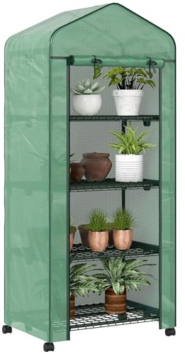 Outsunny Serra da Balcone a 4 Livelli con Porta Avvolgibile e 4 Rotelle, Serra per Orto con Struttura in Acciaio e Copertura PE, per Orto Verdure Fiori Frutta, 69x50x165 cm, Verde
