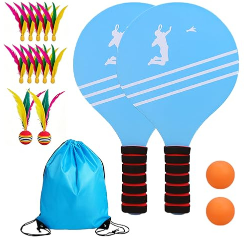 SKIKHN Strandbollsspelset, strandbollsset med 2 racketar, 12 fjäderbollar, 2 bordtennis, 1 förvaringsväska, paddleball-lekset, strandtennis, sommar, strand, pool, trädgård, spel för familj och fest