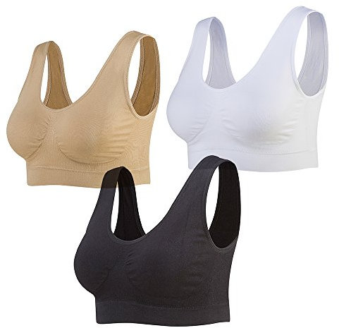 Lemef 3-Pack Seamless Sports Bra Wirefree Yoga Bra with Removable Pads for Women (Medium, Black&White&Nude)