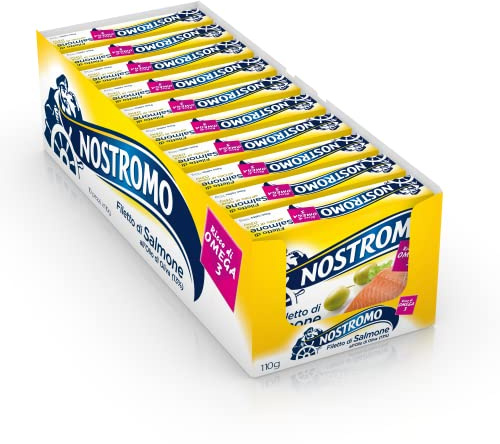 Nostromo Filetto di Salmone all’Olio di Oliva 110g – Confezione da 10 Lattine, Ricco di Omega 3, Senza Conservanti – Pesce in Scatola di Alta Qualità