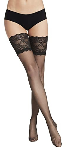 VENEZIANA NUOVA Bas Auto-Fixants Femme 20 Deniers – Bas en Dentelle Autoportants avec Bande Élastique sur la Cuisse, Finition Mate Noir Taille M