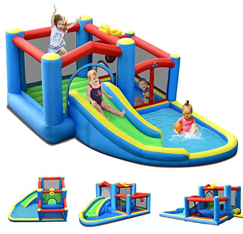 GOPLUS Castillo Hinchable, Inchable Infantil Interior Exterior, Cosido de Material Extra Rueso, Ninos Adecuado de 3 a 12 Años, Con Tobogán, Zona de Salto, Piscina de Pelotas, 410 x 310 x 191 cm