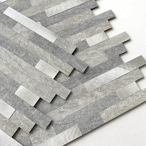 MOFIT - Piastrelle autoadesive 3D in mattoni in pietra, per cucina, piastrelle autoadesive da parete, piastrelle a mosaico lineari in marmo per bagno, camino, vanità (grigio, 5 fogli)