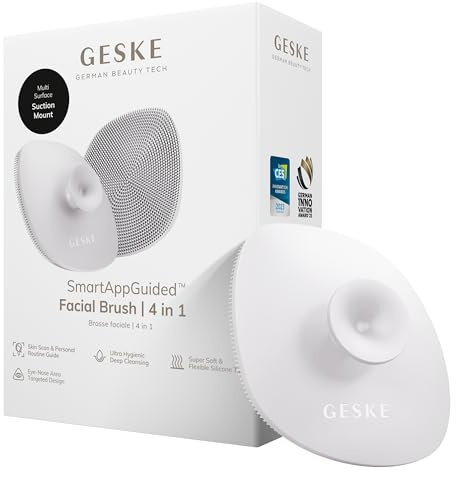 GESKE SmartAppGuided™ Facial Brush | 4 in 1 | professional facial cleansing brush with handle | skin cleansing soft silicone facial brush | routine skincare | gentle cleansing | facial cleanser