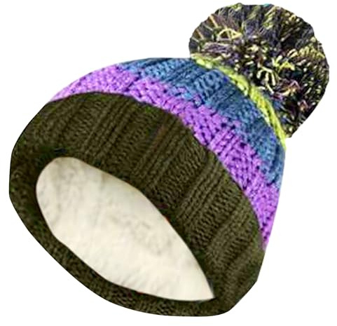 HiFEN® Mössa vintermössor för män kvinnor tjock mjuk kabelstickad skalle värmare värmeisolerande dubbla lager fleecefoder pom pom huvudbonader, Lila/grön, one size