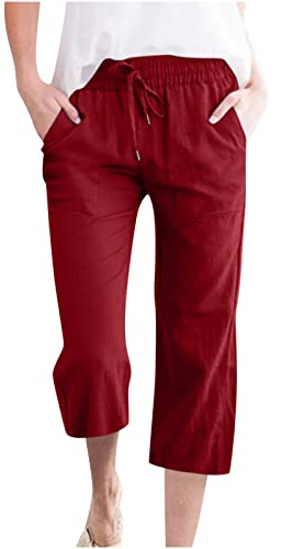 oglccg Womens Capris Trousers 3/4 Pants Cotton Linen Elastic High Waist Cropped Pants Drawstring Summer Autumn Solid Pockets Loose Pants Straight Wide Leg Trousers Outdoor Plus Size 8-18 Red,3XL