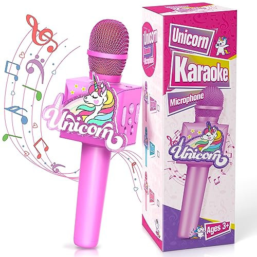 GeschenPark Karaoke Mikrofon Kinder, 4 in 1 Drahtlos Tragbare Mikrofon Einhorn Geschenke Spielzeug für Mädchen, Heim KTV Bluetooth Karaoke Kompatibel mit iOS Android - Ostergeschenke Kinder