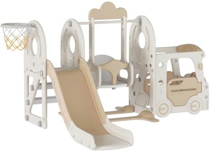 Baby Rutsche und Schaukel Set Kleinkind Climber Schaukel Set Freistehende Rutsche Baby Spielplatz Activity Center Spiel Set Indoor Outdoor Lange Rutsche Kinder Spielgeräte (Bus Brown)