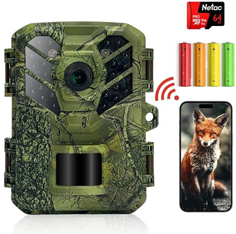 SUKA, Fototrappola Mini, Wifi Con App Dedicata, Fino a 32 MP HD Video E Audio, Infrarossi Invisibili 940 Nm, Con 4 Batterie E Micro Sd 64 Gb,Fototrappole Visione Notturna,Foto Trappola Animali E Fauna