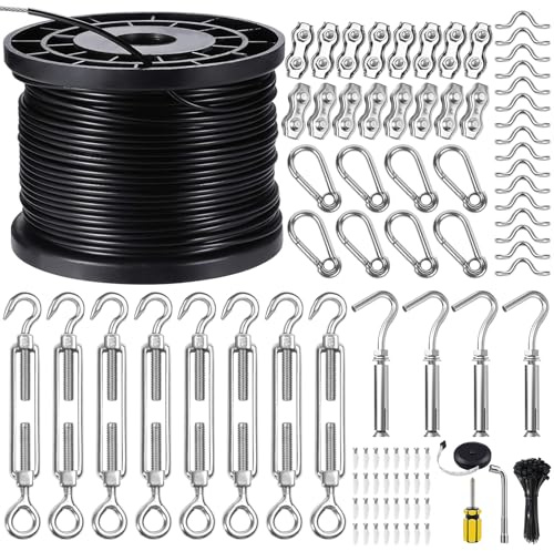BLIKA String Light Hanging Kits, 500FT Coated Stainless Steel 304 Wire Rope, Outdoor Light Guide Wire, Globe String Light Suspension Kit Included Turnbuckles, Enough Accessories, Use Manual