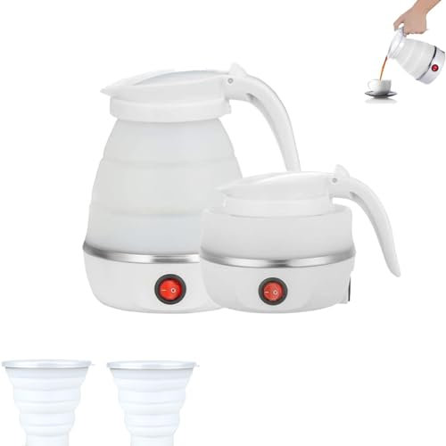 WAVATA Mini hervidor de agua plegable de 0,6 l, 600 W, pequeño hervidor de agua de silicona con fondo de acero inoxidable y 2 vasos plegables, para senderismo, viajes, camping (blanco)