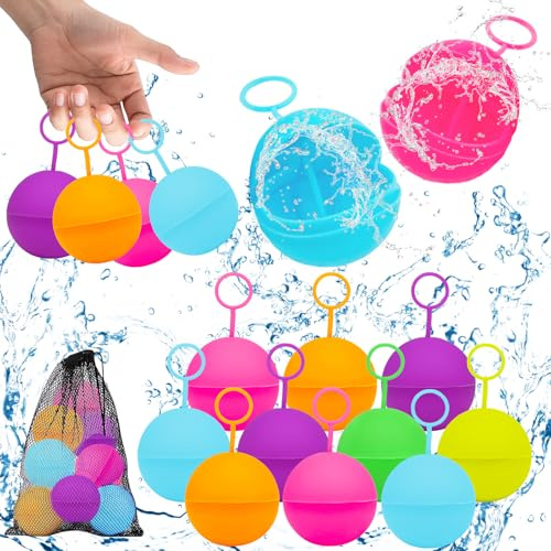 Återanvändbara Vattenballonger, 12 Stycken Vattenbomber Återanvändbara, Silikon Snabba Påfyllningsbara Vattenbollar, Magneter Vattenbomber, Självtätande Vattenboll för Utomhuspool Strandsommarfest