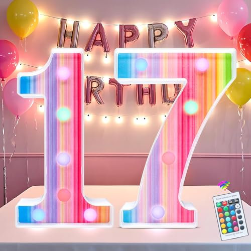 Chiffres lumineux arc-en-ciel, lumières LED colorées pour 17e anniversaire, 16 couleurs changeantes, cadeau pour fête d'anniversaire, veilleuse à distance, décoration de table murale de Noël, numéro