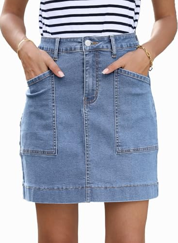 Sidefeel Women's Denim Skirt High Waisted Stretch Casual Mini Skirt Cute Jean Skirt with Pockets Light Blue Medium