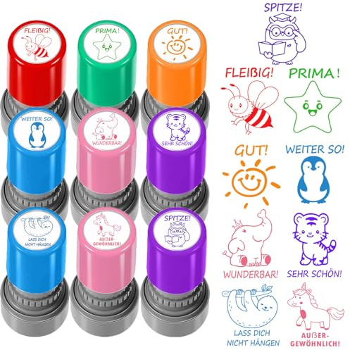 9 Stück Selbstfärbende Lehrer Stempel, Lob Ermutigung Kinder, Lehrer Bewertung Belohnung Motivation Briefmarken, Bunte Cartoon Lob Siegel Ermutigung, Schüler Hausaufgaben Stamper