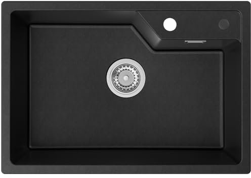 Sofetiy Lavandino Cucina Nero 65x45 cm, Lavello Cucina 1 vasca in Granito, Lavabo Cucina Incasso al mobile 80cm, con Sifone e troppopieno