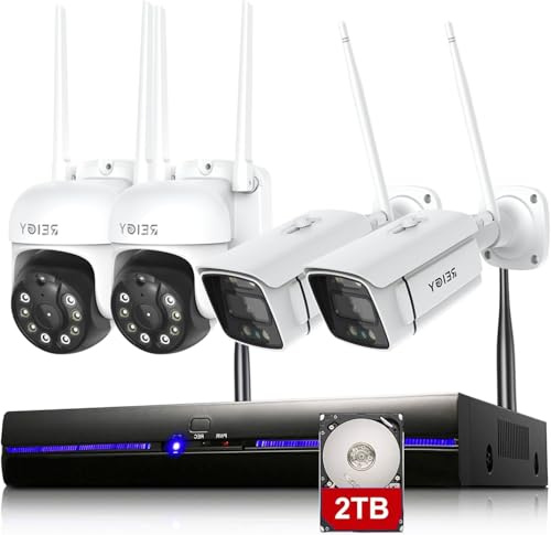 REIGY 5MP WLAN Überwachungskamera Set Aussen mit 2TB Festplatte, 10CH Funk NVR+2X PT Kamera+2 Bullet-Kamera Videoüberwachungs Outdoor, Bewegungserkennung Überwachungssystem
