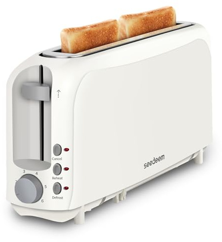 SEEDEEM 2 Slice Slim Toaster, Single 10 Long Slot Toaster Fits Bagels & Artisan Bread, 6 Shade Settings, Cancel/Reheat/Defrost, Removable Crumb Tray, Auto Shut-Off, White