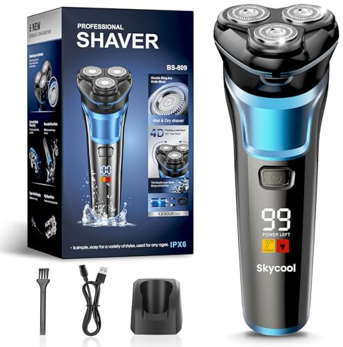 Skycool Rasoir Electriques Hommes, Rechargeable Sans Fil Tondeuse Barbe Homme, Rasoir Homme À Sec Et Humide avec Tondeuse Pliable, Rasoir Barbe Homme avec Deux Modes De Vitesse, Affichage Led