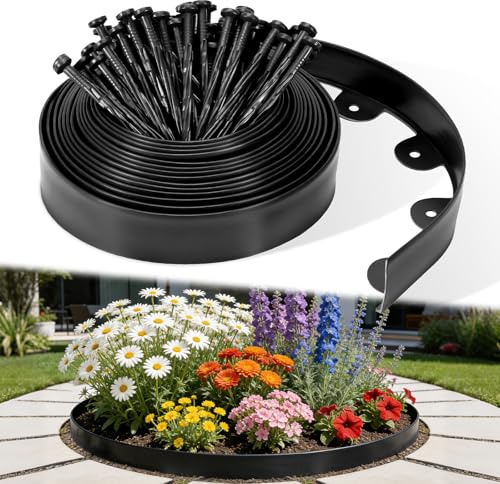 JUOIFIP Bordura Jardín Exterior 10 m, Borde Jardín Flexible 5 cm con 60 Clavijas, Bordes de Jardín Exterior de Plástico Negro para Césped, Parterres y Caminos, Fácil de Instalar
