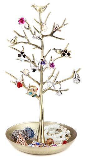 WELL-STRONG Jewelry Tree Necklace Earring Holder Modern Cute Bird Jewelry Stand for Women Girls Teen Gold