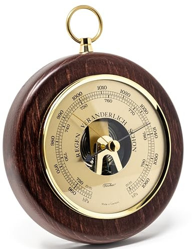 Fischer Baromètre 1366R-22 - 140 mm - Avec boîtier en bois véritable teinté acajou - Laiton - Fabriqué en Allemagne