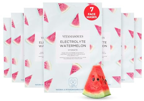 Vitamasques Electrolyte Watermelon Hydrate Face Sheet Mask 7 Pack, Hydrating Face Masks with Multi-Molecular Hyaluronic Acid, Vegan, Moisturising & Glow Boosting Skincar, Plant-Based, Vegan-friendly