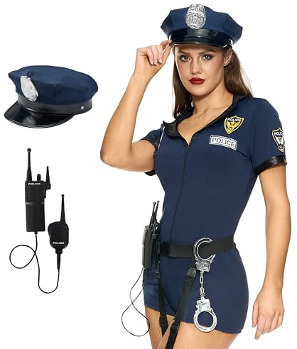 Spooktacular Creations Disfraz de policía azul para mujer, con pelele con cinturón, sombrero, bastón, esposas, walkie-talkie para adultos, Halloween, cosplay, talla M