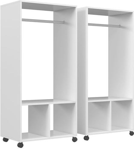 HOMCOM Lot de 2 portants à vêtements penderie Mobile avec roulettes 2 niches + Grand Espace penderie en Bois Blanc