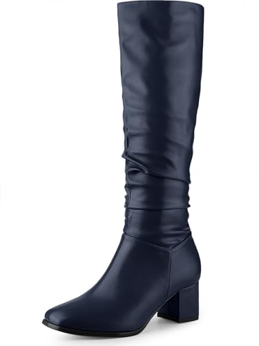 Perphy Botas altas hasta la rodilla con tacón grueso y punta cuadrada para mujer, azul marino, 39 EU